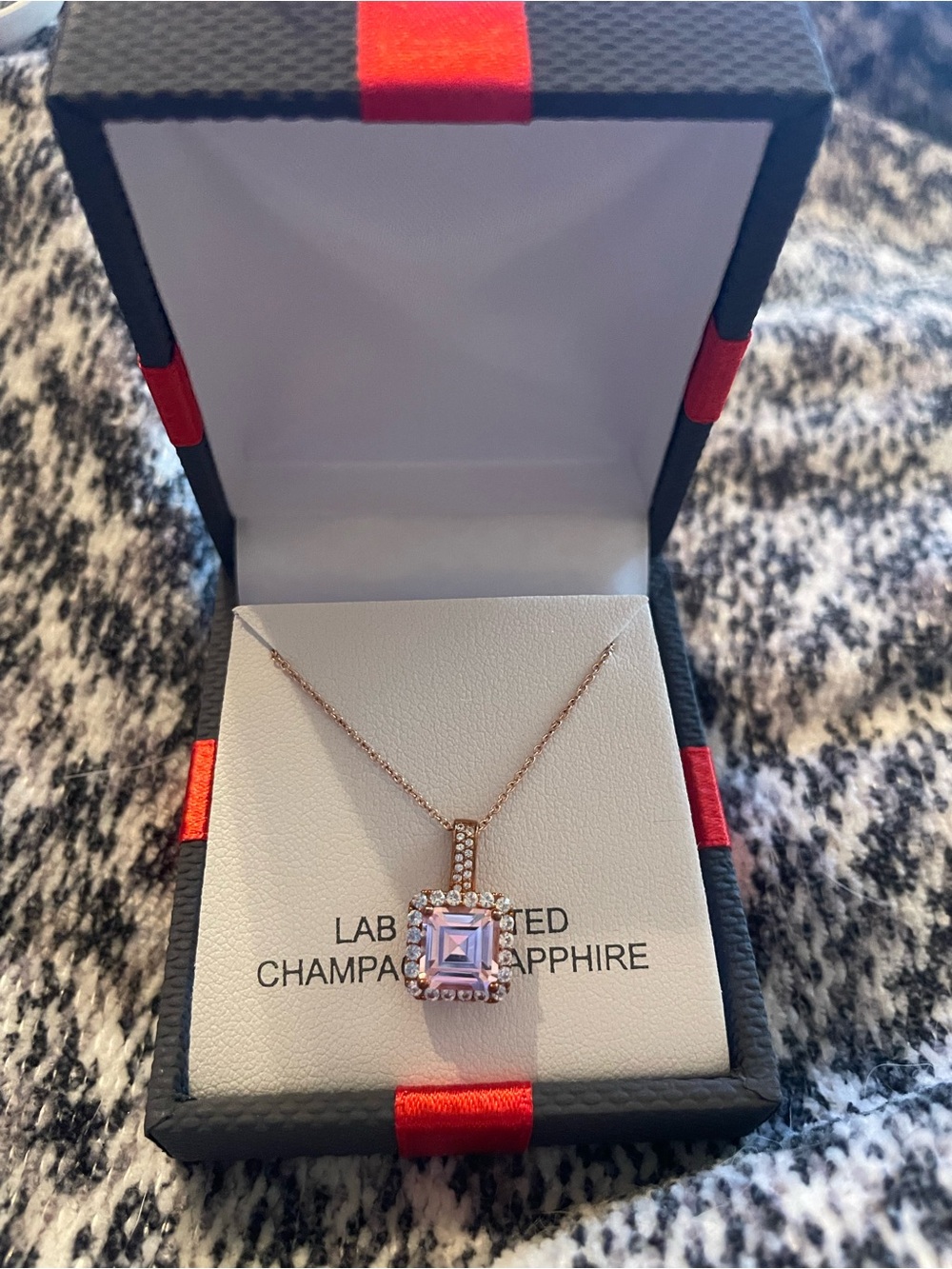 Rose Gold Champagne Sapphire Halo Pendant Necklace